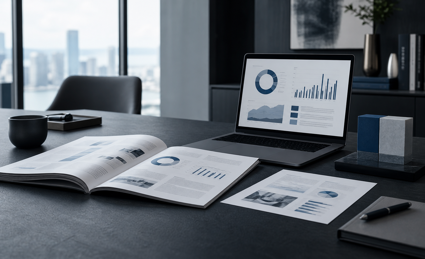 Executive desk with business intelligence reports, charts, and a restrained dashboard