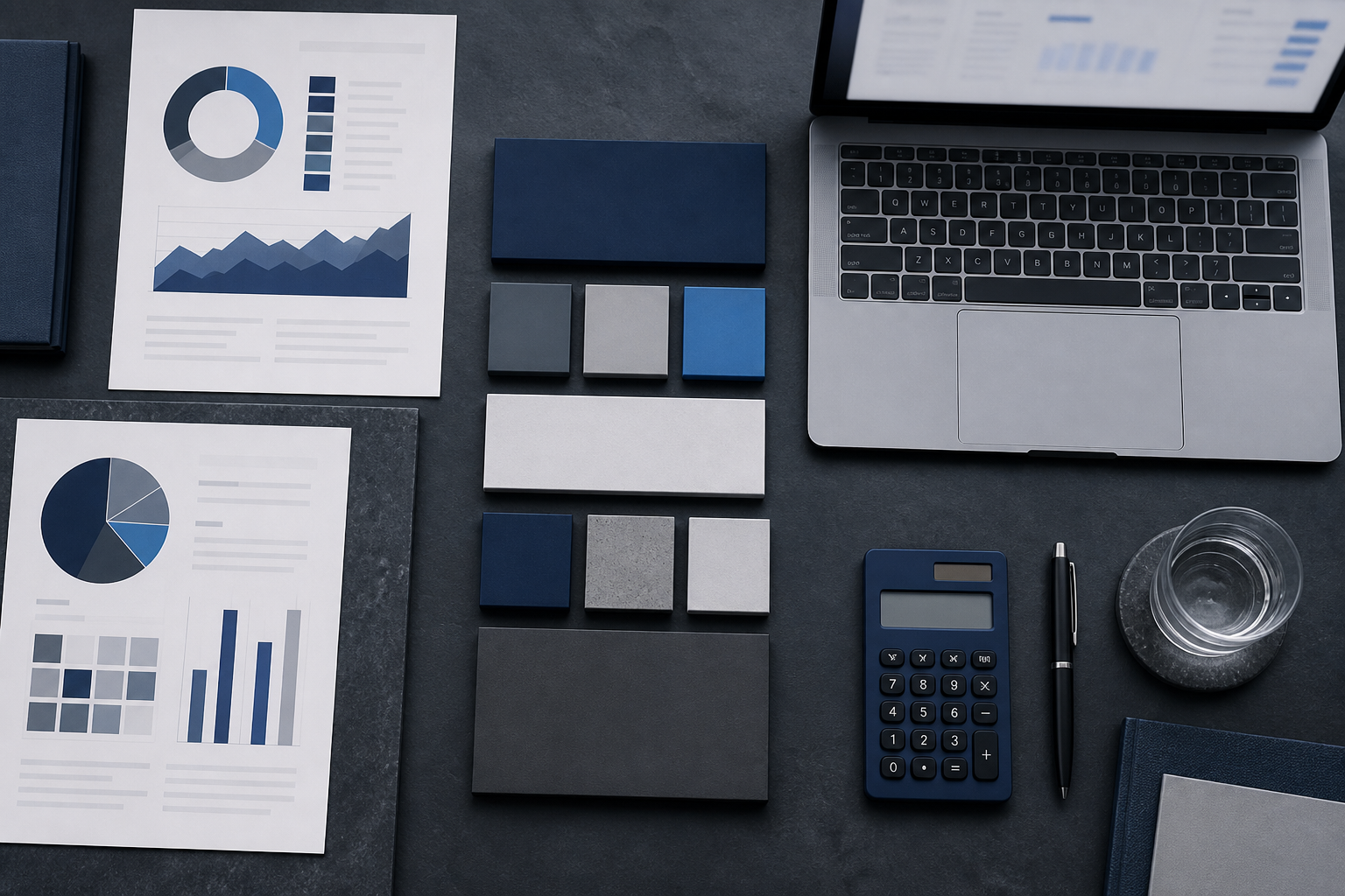 Organized reports, charts, and navy and blue workflow blocks arranged on a worktable