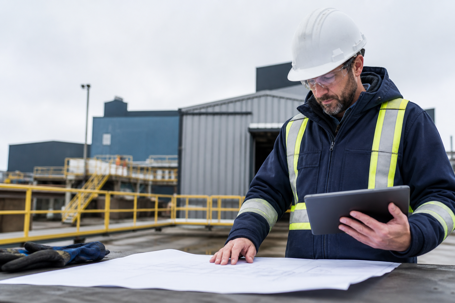 Field engineer reviewing plans and a tablet at an industrial site