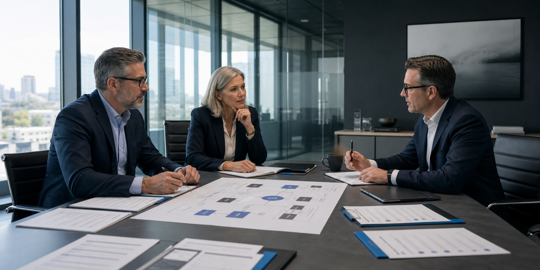 Business leaders reviewing practical workflow improvements around a conference table