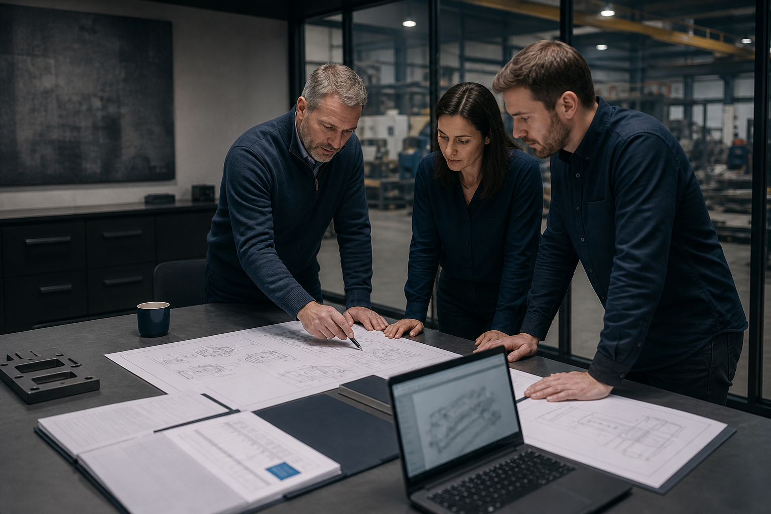 Industrial team reviewing technical documents and proposal materials