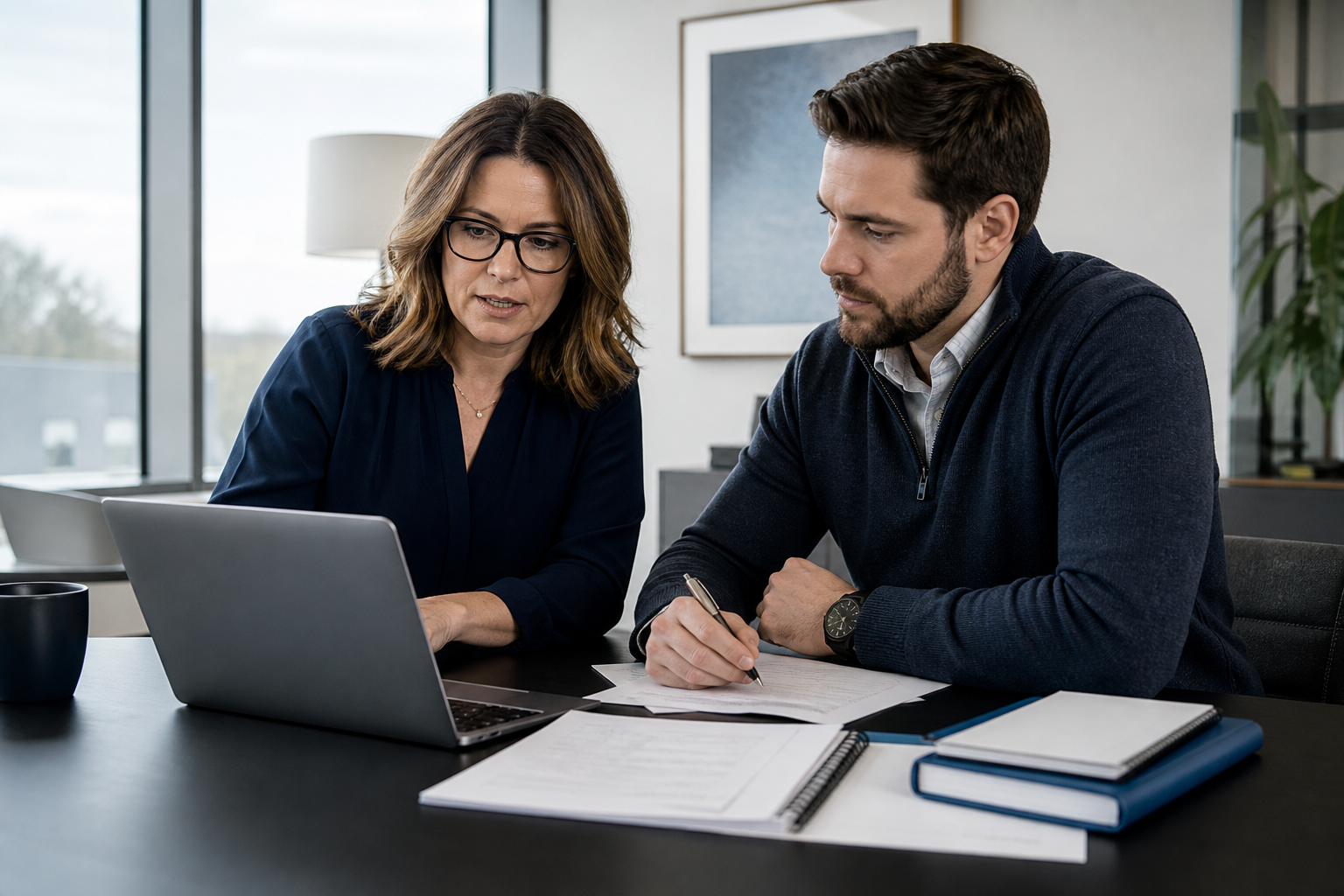 Business leaders reviewing reports and a laptop together in a light office