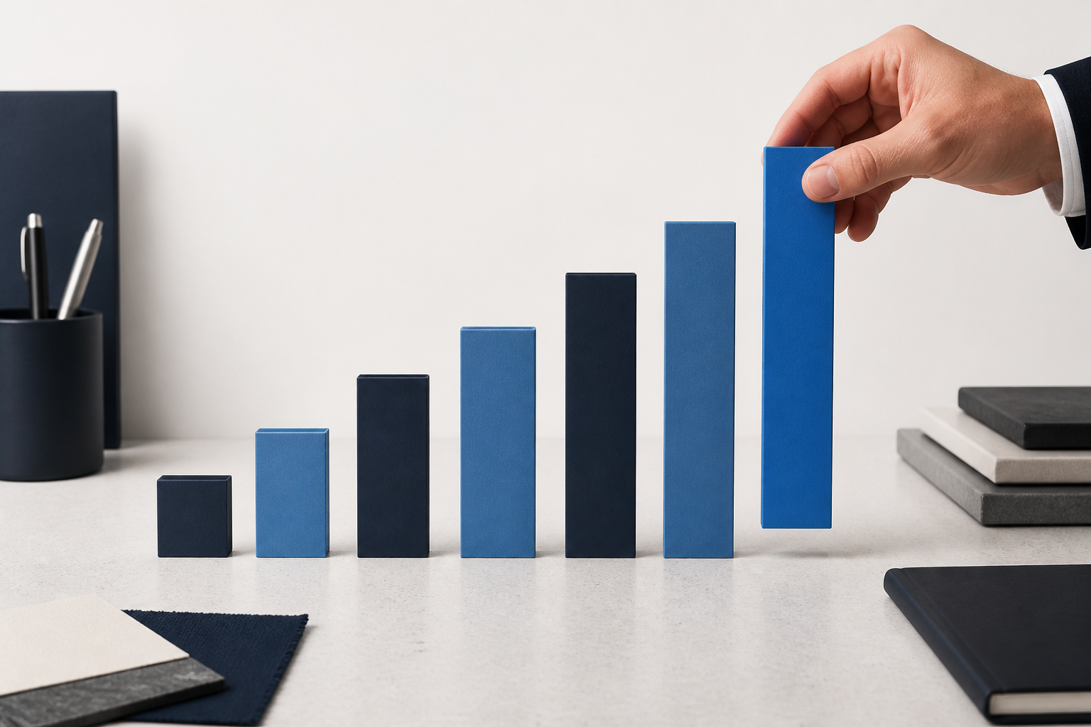 A hand placing a final blue performance block into a structured business chart