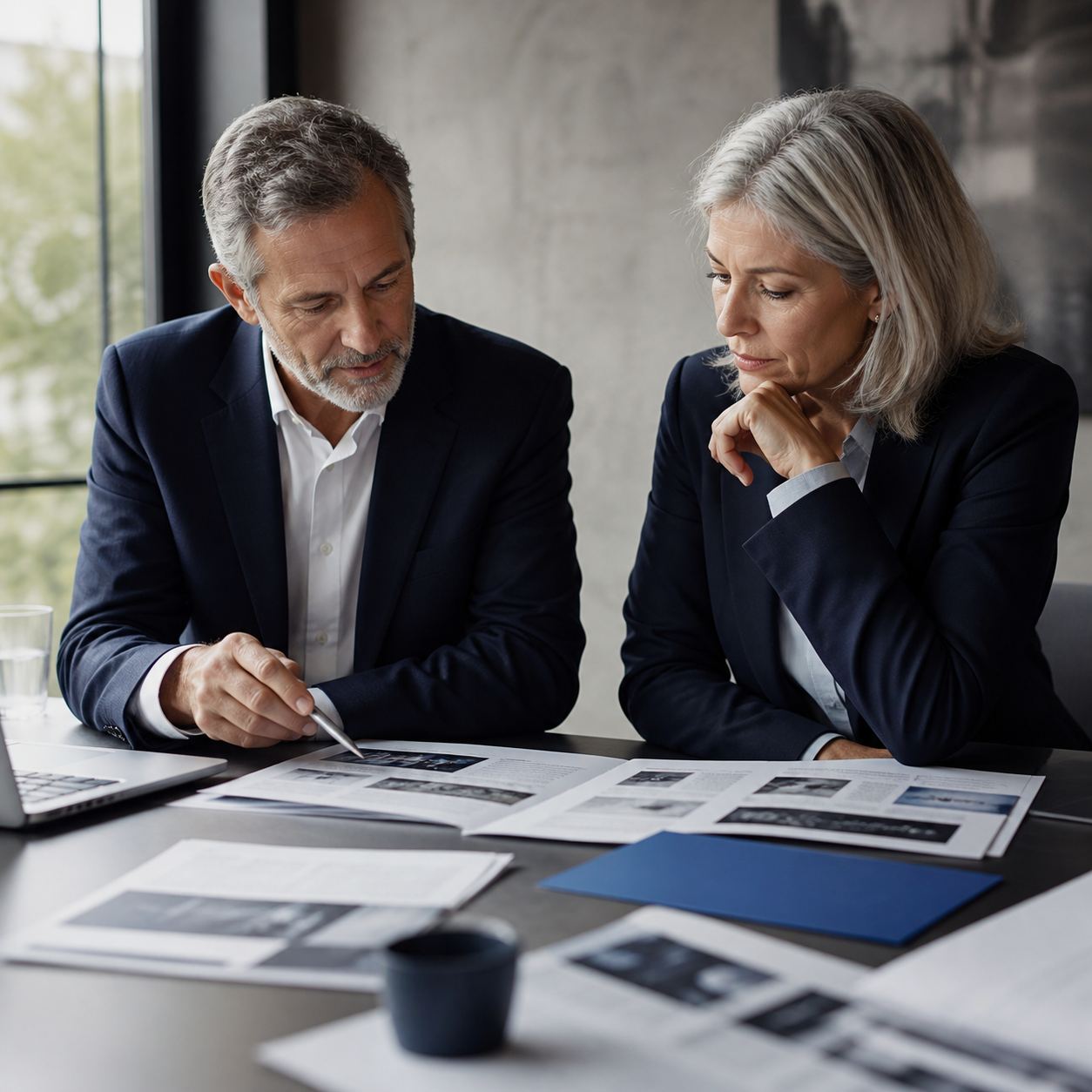 Senior leaders reviewing market and customer materials around a table