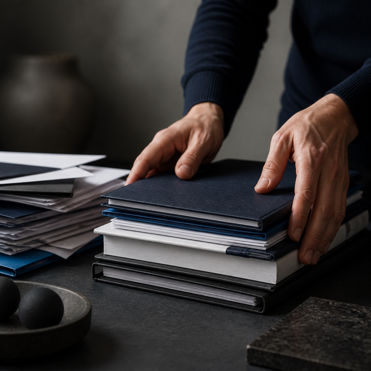 Hands consolidating a stack of business documents into an organized set