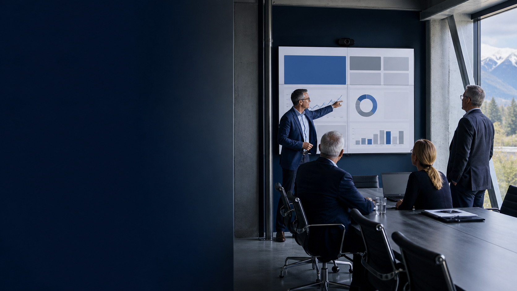 Senior leaders reviewing a structured business dashboard in a quiet executive office