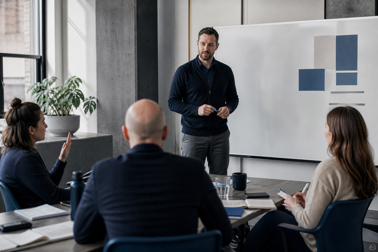 Facilitator leading a workplace training session with a simple geometric board