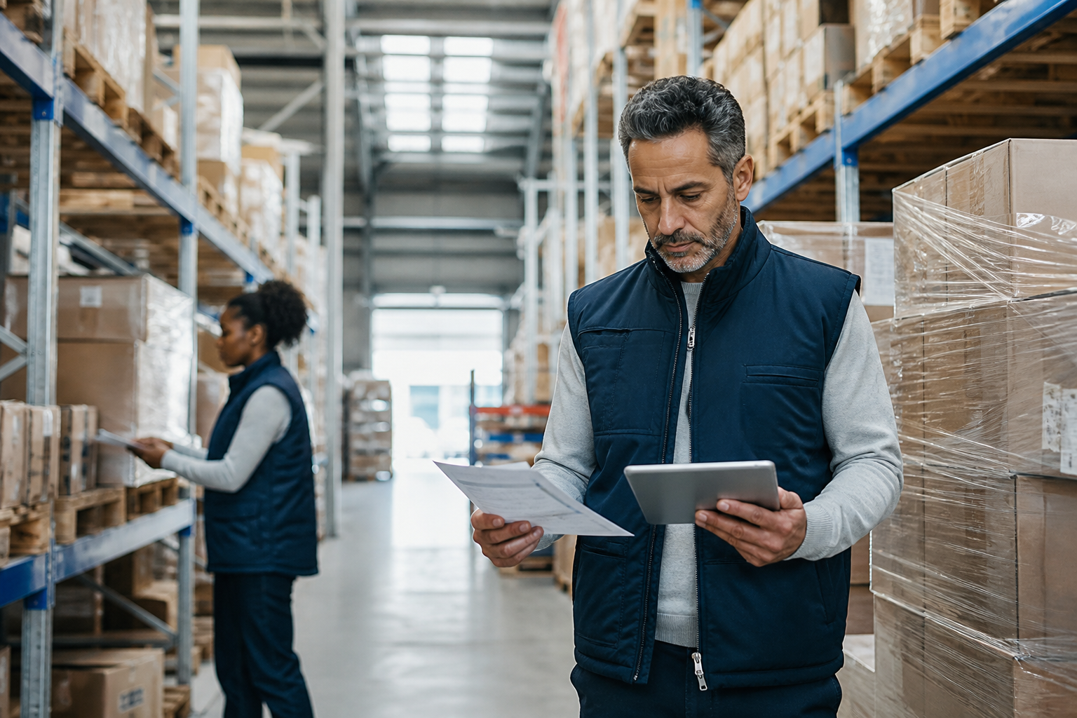 Operations manager reviewing a tablet and checklist in a warehouse