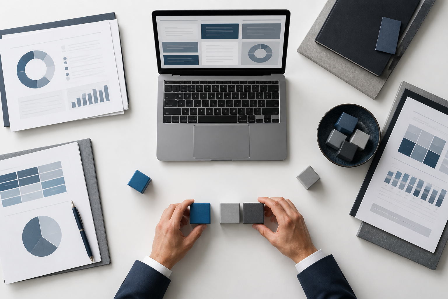 Hands arranging structured business workflow materials beside a laptop and reports