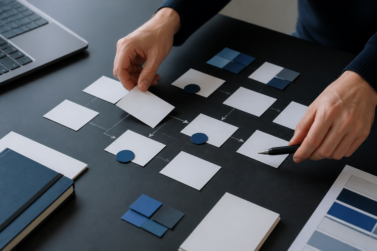 Hands organizing process cards, notes, and time-cost markers on a desk