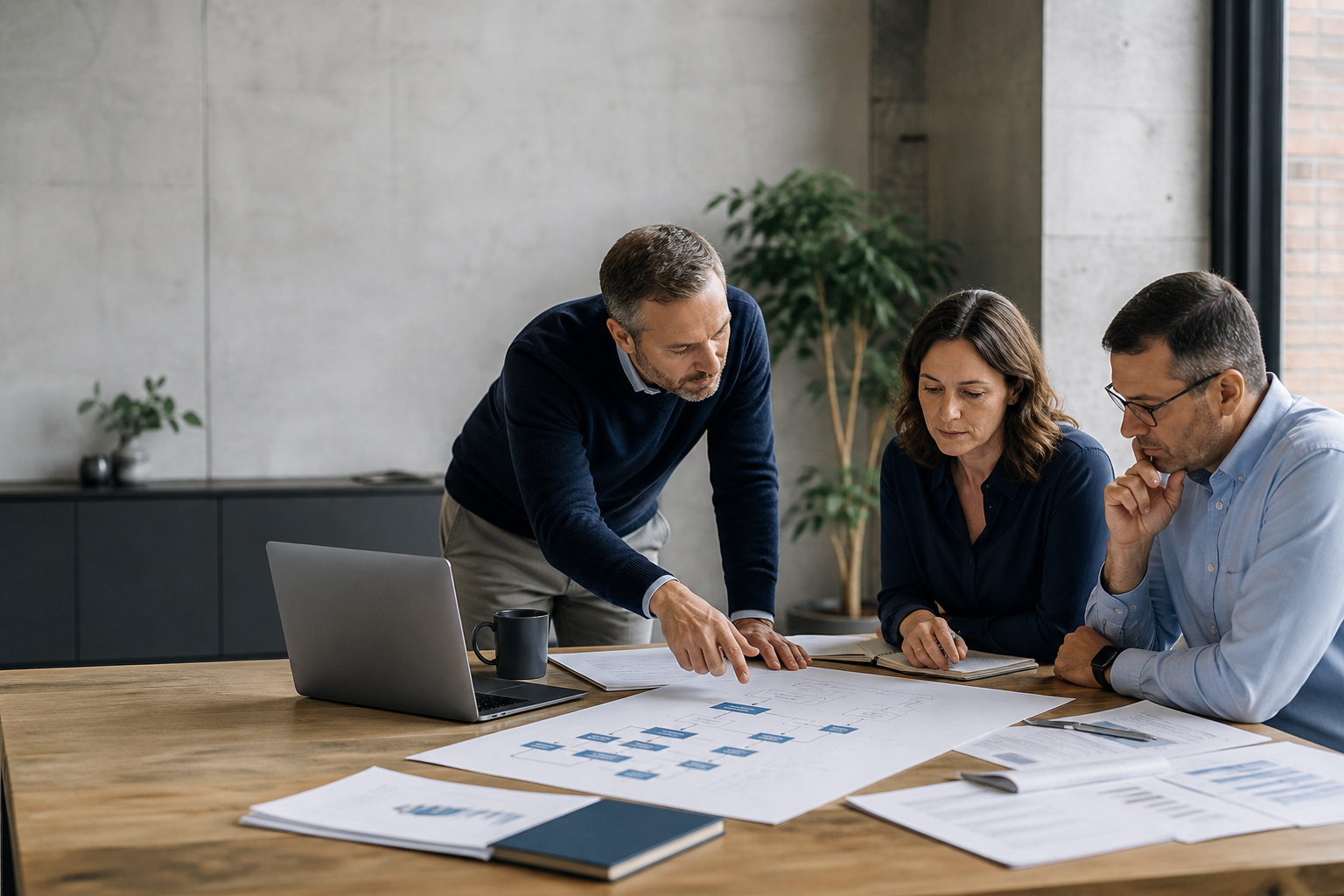 Business leaders reviewing a practical workflow map and process notes around a table