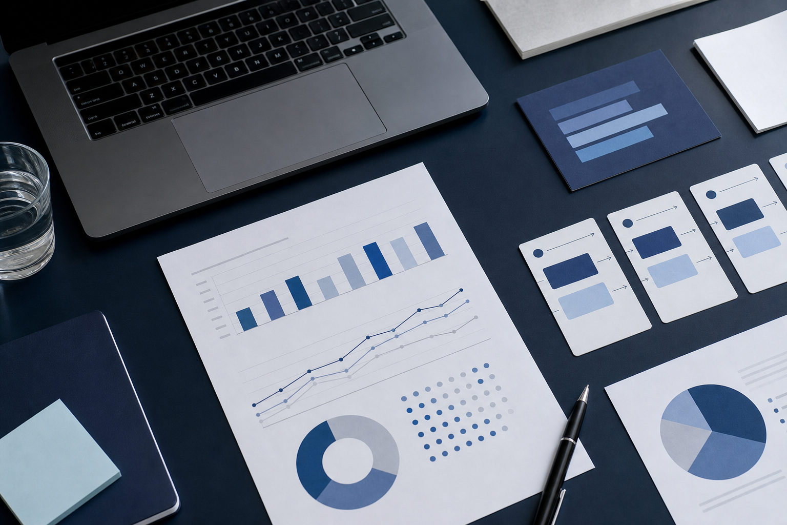 Monthly improvement review materials arranged on a desk