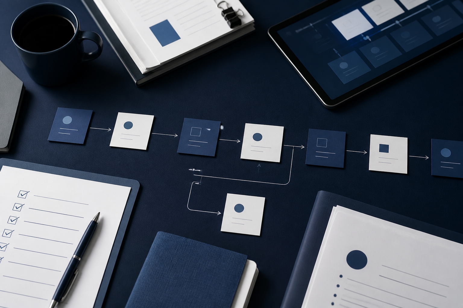 Close-up of organized workflow artifacts and connected process cards on a desk