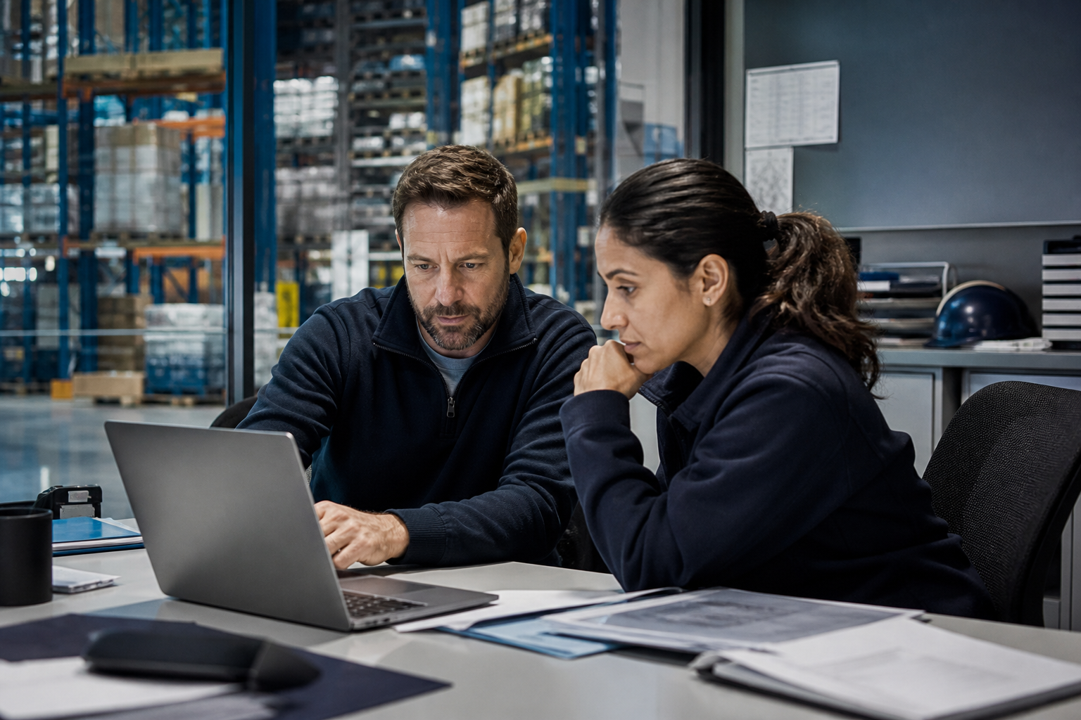 Operations manager testing a new workflow with a colleague in a warehouse office