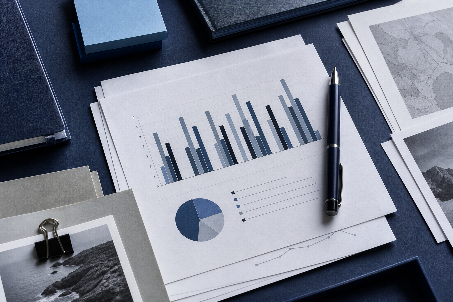 Research materials, source notes, and a restrained chart arranged into an executive briefing