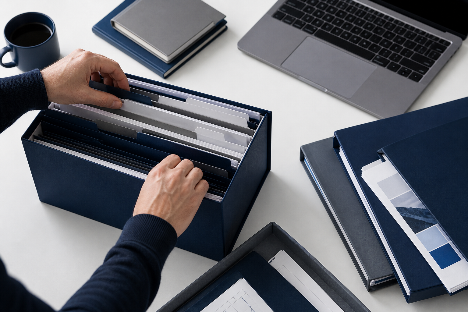 Organized company knowledge materials, folders, and a laptop on a worktable