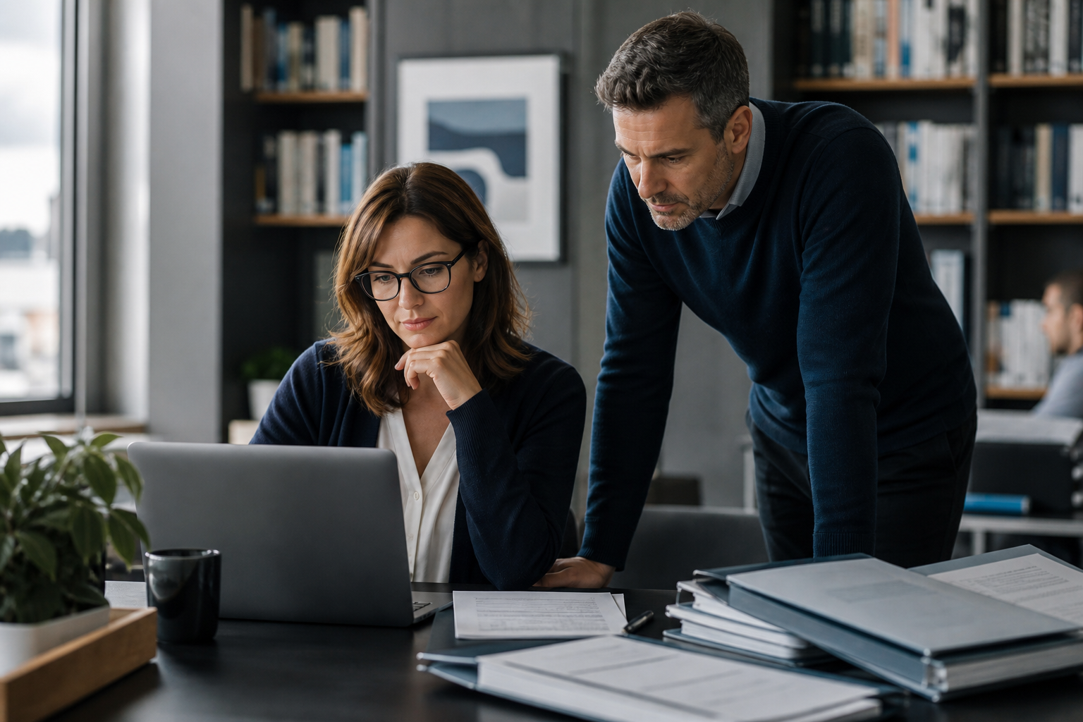 Employee using a calm internal knowledge system beside organized company documents
