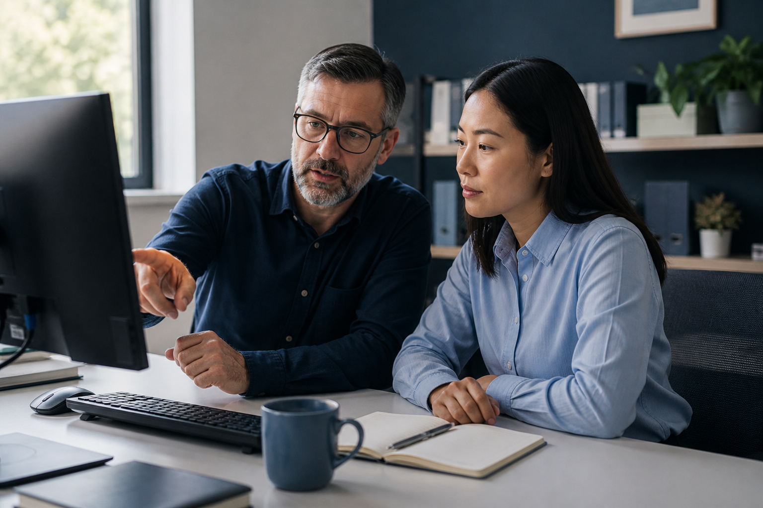 Experienced employee showing a colleague how to find an internal procedure