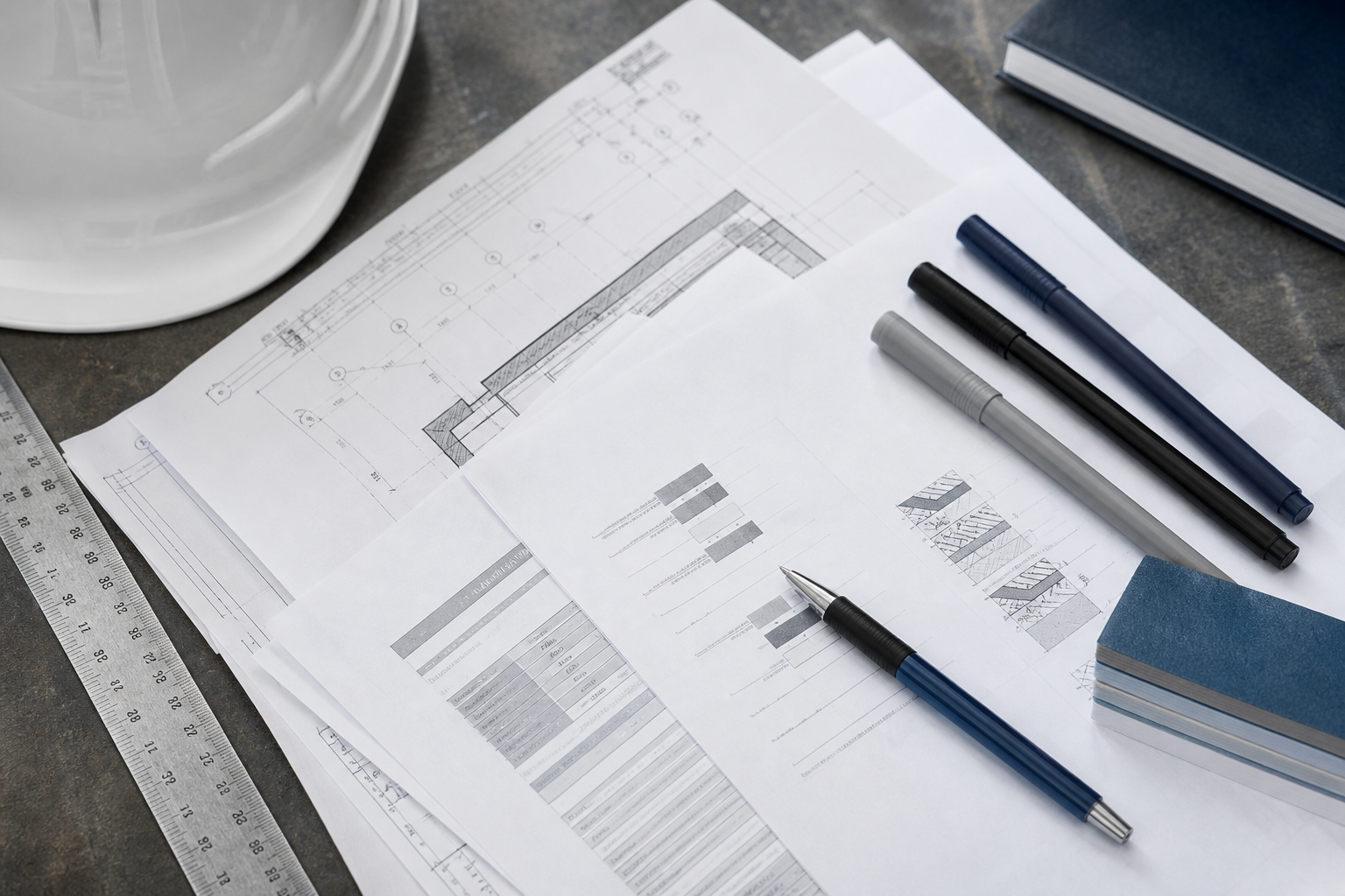 Technical proposal documents, specification sheets, ruler, and review materials on an industrial worktable