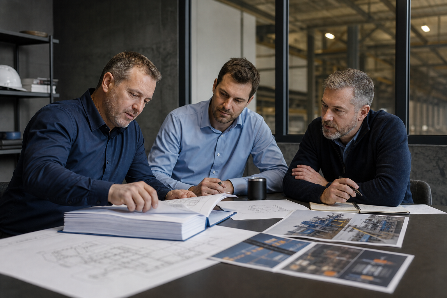 Mining-supply and industrial proposal team reviewing an RFQ package and technical drawings