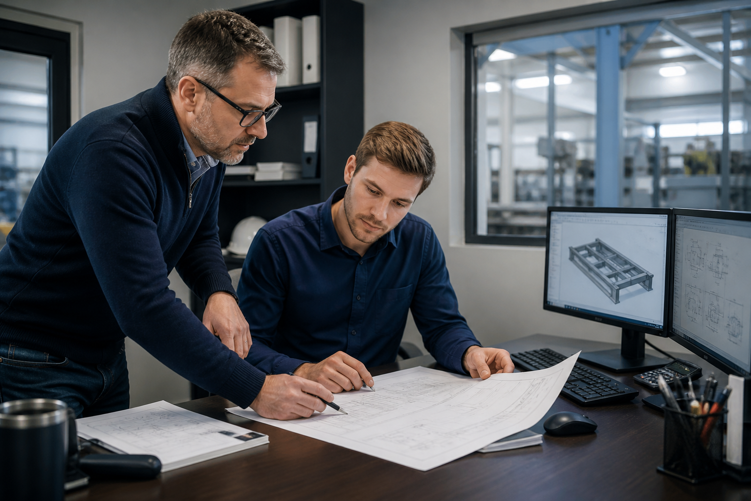 Estimator checking a drafted industrial proposal with an engineer at a workstation