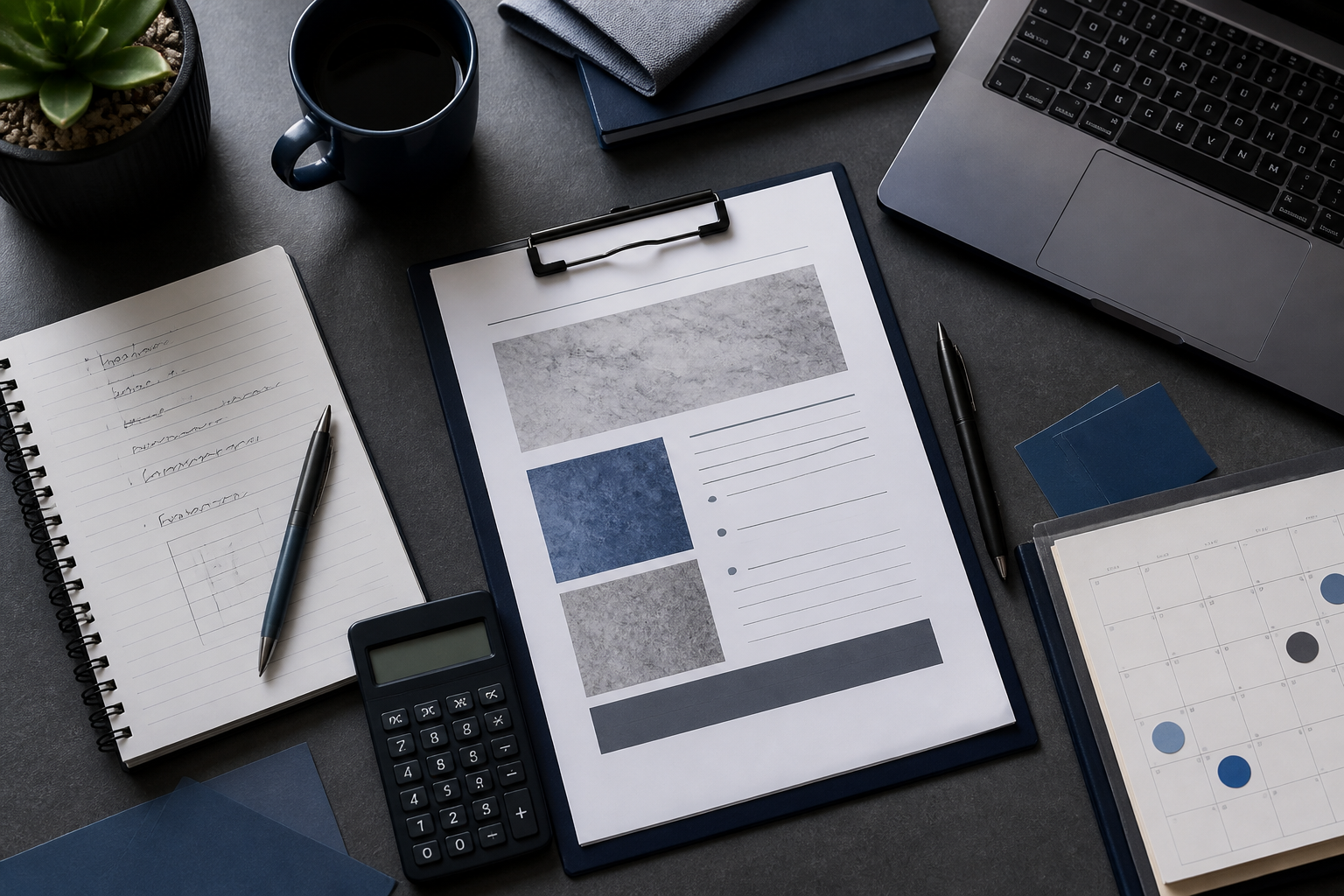 Lead intake and quote preparation materials arranged on a desk