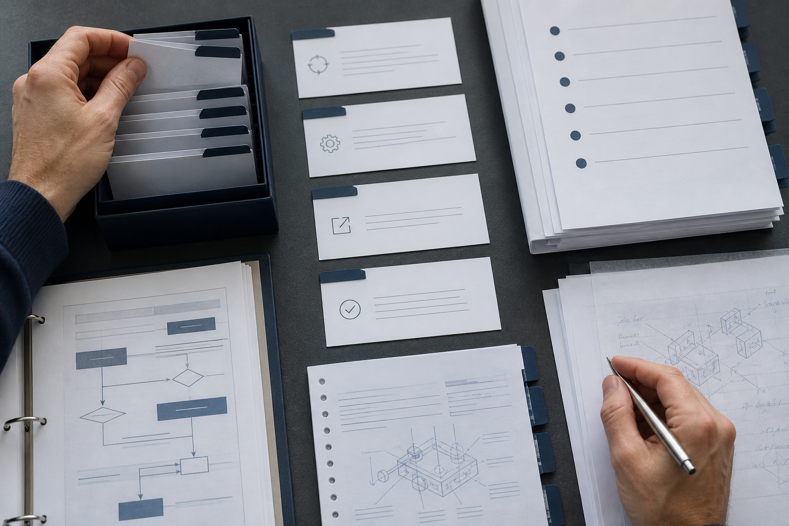 Checklist, process cards, and annotated manual pages being organized into an SOP system