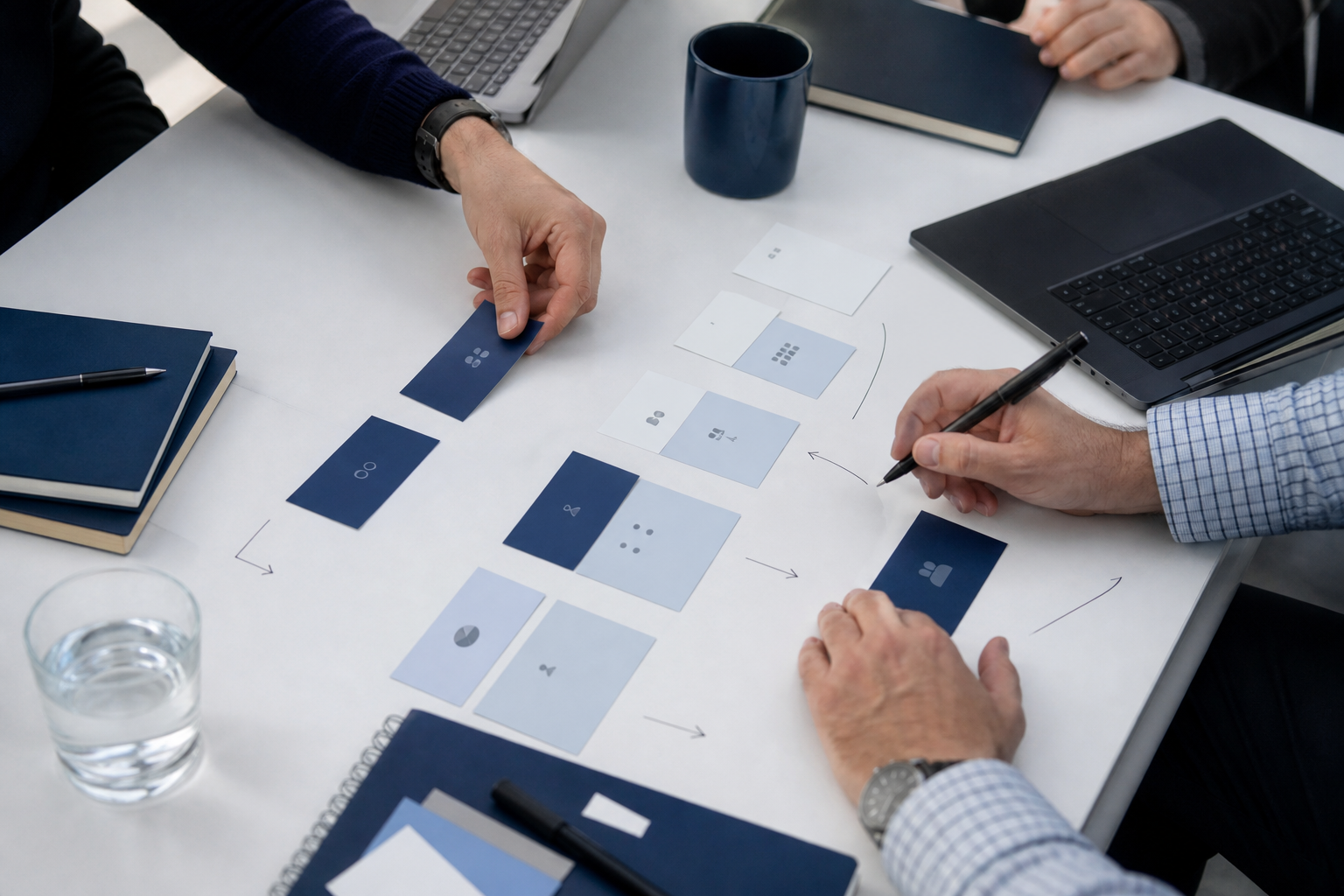 Workshop tables with laptops, process cards, pens, and a business workflow being assembled