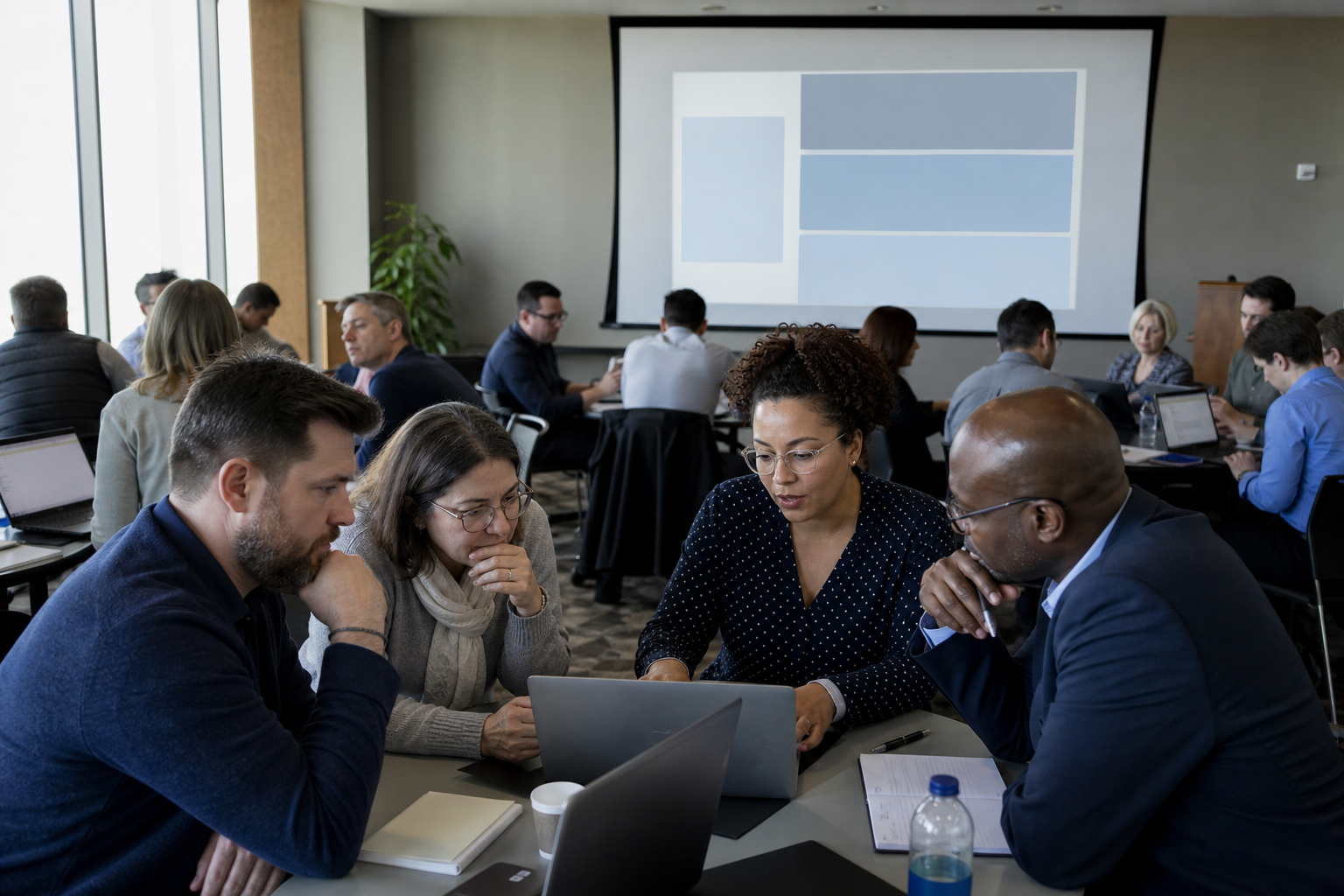 Practical AI productivity workshop with participants working on real workflows at tables